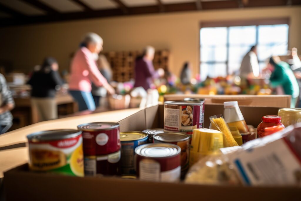 Mature man working as volunteer at community center and arranging donated food and water in boxes.
