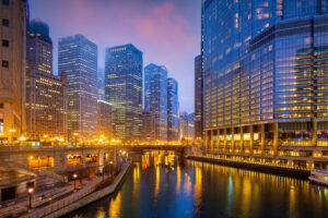 Downtown Chicago city skyline cityscape in United States of America at sunset